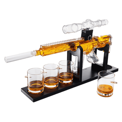 Whiskey Decanter Set - AR Limited Edition, Wooden Silencer Stopper - 800 ml & 4 12oz Bullet Glasses - Unique Gift - Drinking Party Accessory, Gun Liquor Decanter, Tik Tok Gun Decanter Mens Birthday