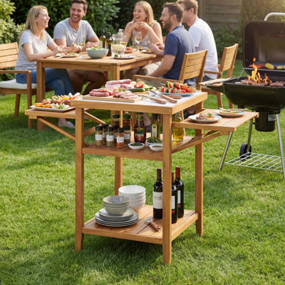 Acacia Wood Outdoor Grill Table with Faux Marble Top and Drop-Leaf Side Panels