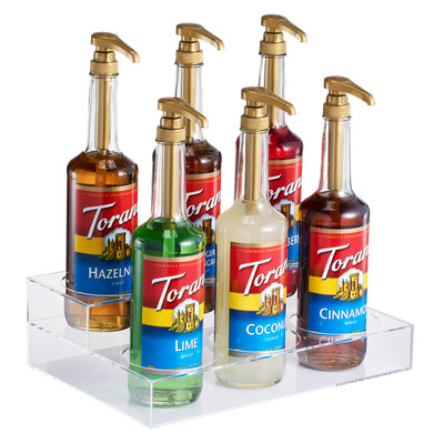 Acrylic Bottle Holder, Coffee Syrup Rack Display Case | 2-Tiered 6 Bottle | Wine Bar Bottle Rack, Clear Shelf Rack for Kitchen, Countertop, Fridge Pantry Storage Organizer - Wine, Soda, Cans, Liquor