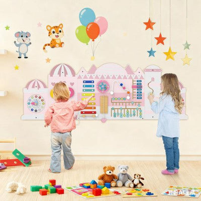 Activity Wall Busy Board Panels for Toddlers Wooden Sensory Board-Pink