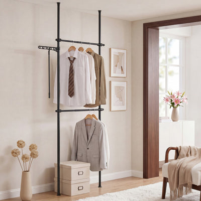 Adjustable Floor to Ceiling Clothes Rack with 2 Hanging Rods-Black