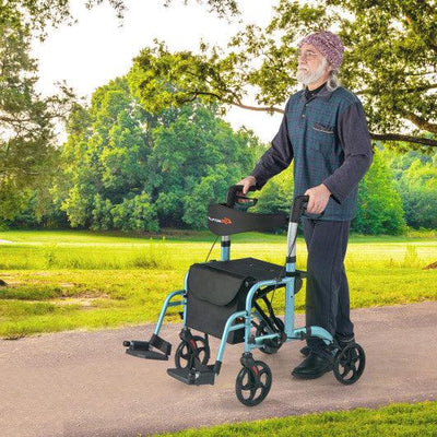 2-in-1 Adjustable Folding Handle Rollator Walker with Storage Space-Blue