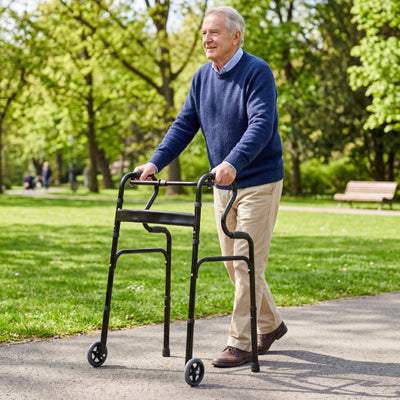 Adjustable Heavy-Duty Folding Walker with Unidirectional Wheels and Bi-Level Armrests-Black