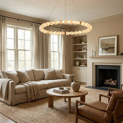 Alabaster Ring Chandelier – Gold Beaded LED Luxury Ceiling Light