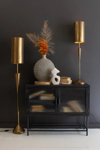 Antique Gold Floor and Table Lamp with Metal Barrel Shades