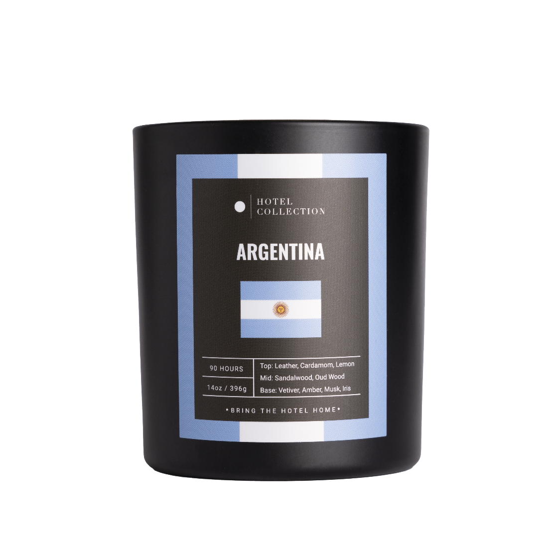 Black candle with 'Hotel Collection' label and 'Argentina' design on a white background