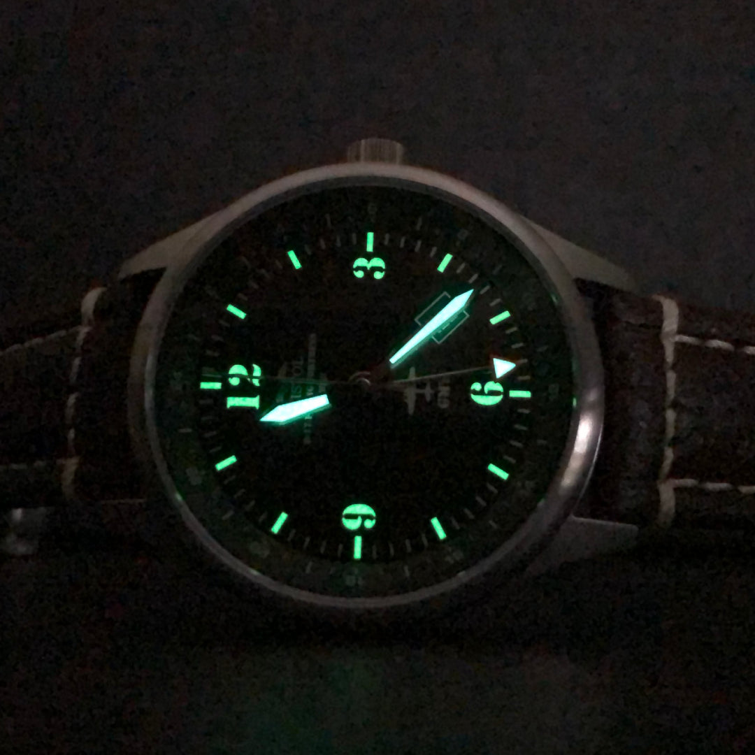 B-17 Tribute - Stainless Steel, Brush Finish, Black Dial, Black Leather Band with Stitching Bristol Watch