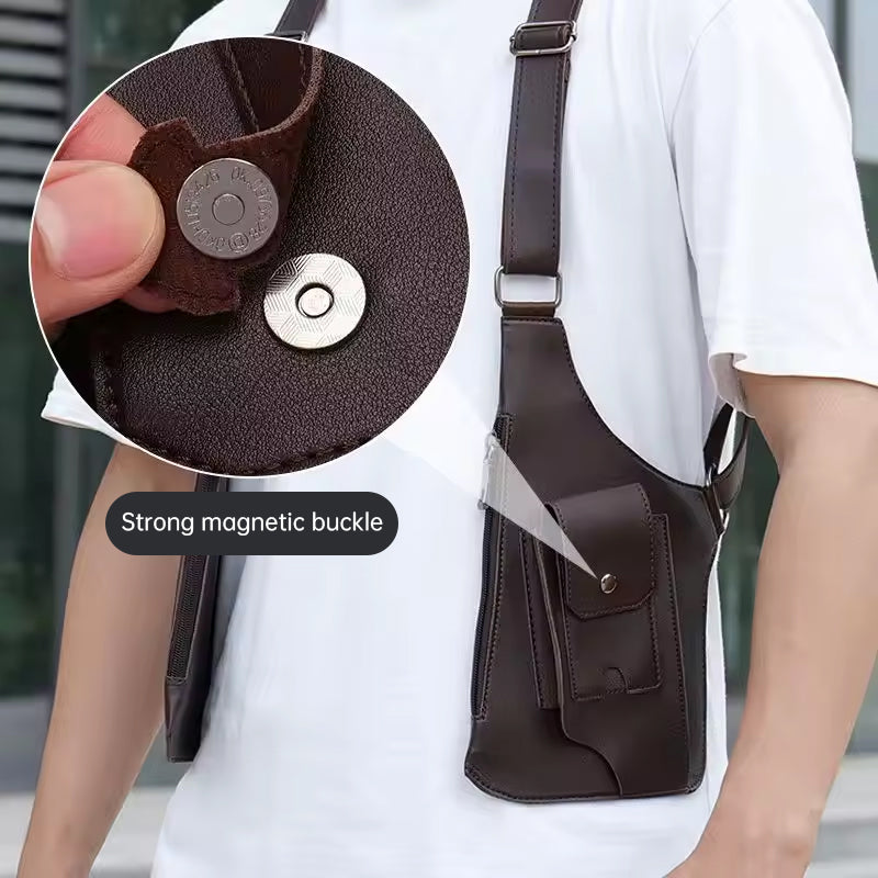 A medieval - style leather harness bag that is an anti - theft wallet, phone pouch, and suitable for men's Viking cosplay.
