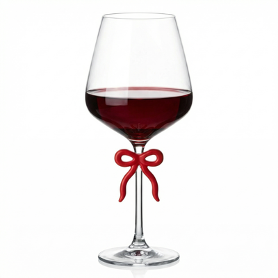 Large Clear Wine Glass with Red Bow on Stem, One Piece