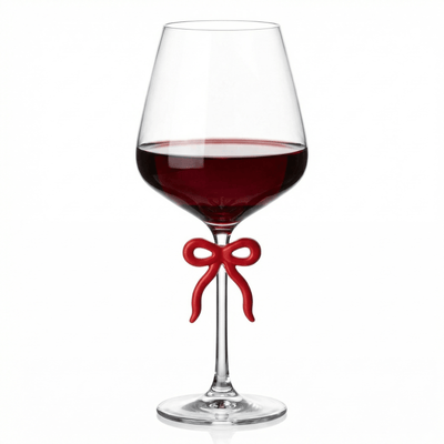 Large Clear Wine Glass with Red Bow on Stem, One Piece
