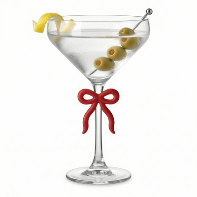 Single Clear Martini Glass with Red Bow on Stem, One Piece