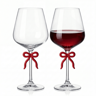 Large Clear Wine Glass with Red Bow on Stem, Set of 2