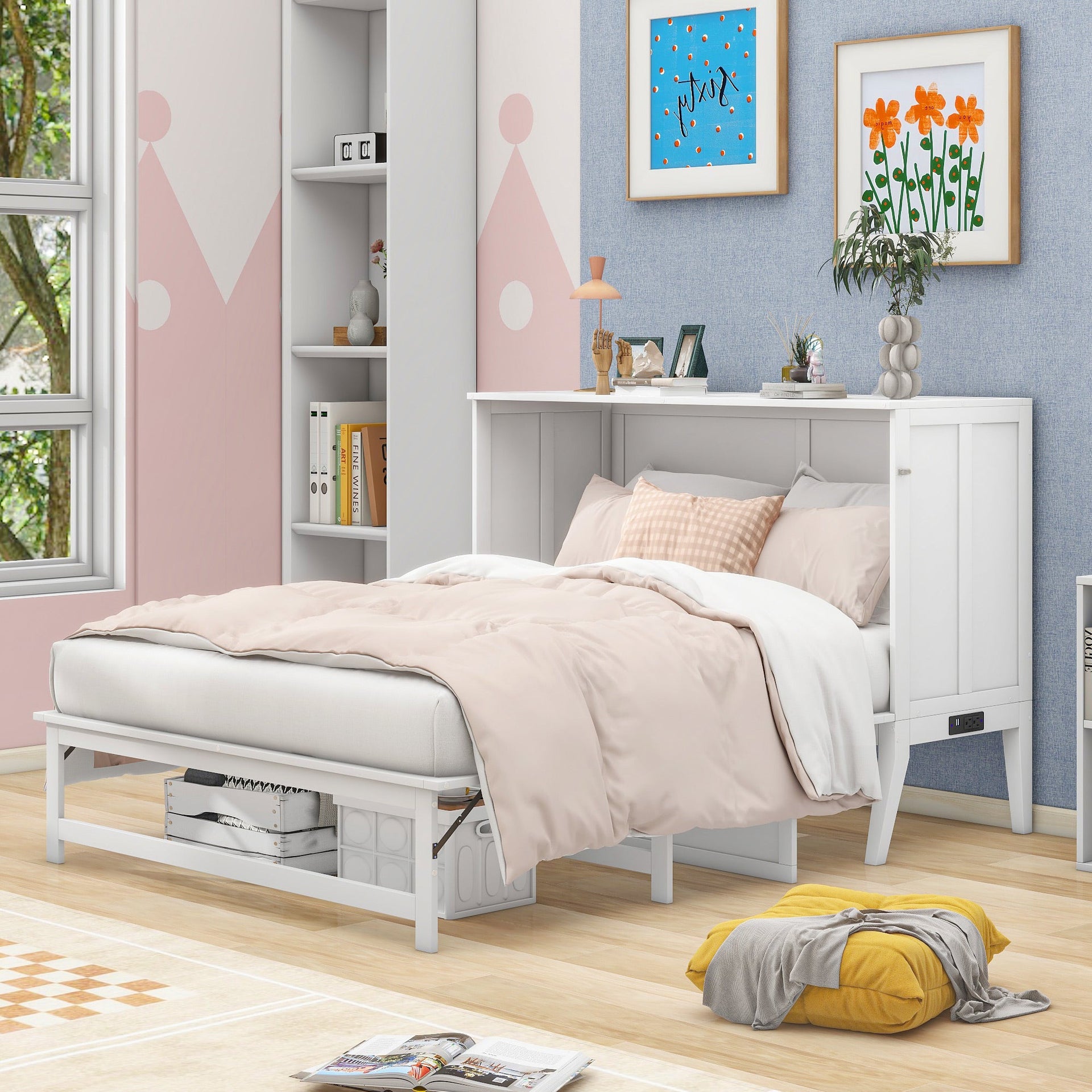 Queen Size Murphy Bed with Built-In Charging Station and a Shelf White