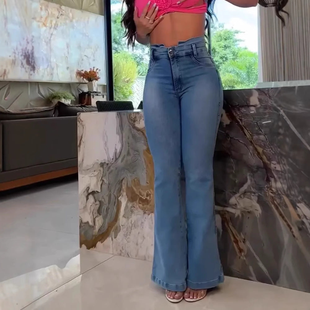 Washed denim jeans women's slim fit high waisted flared pants