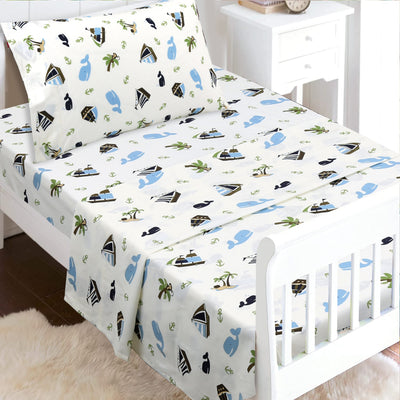 3-Piece Crib/Toddler Cotton Sheet Set White Blue Ocean Whale Ships Sail Monkey Island