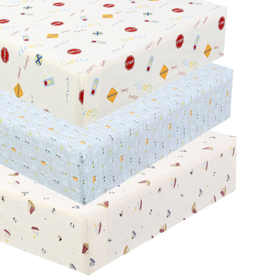 3 Piece Crib/Toddler Cotton Fitted Sheets Colorful Blue Red City Cars Boats Transportation Signs
