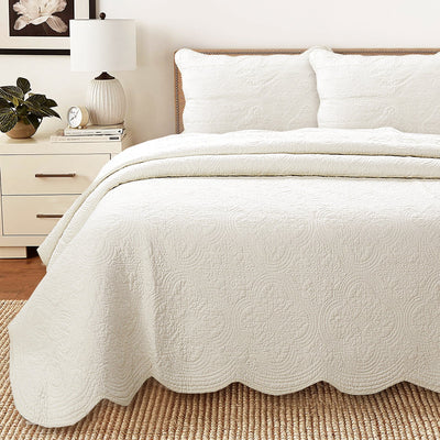 Serenity Ivory Victorian Scalloped Medallion Floral Pure Solid Cotton Reversible Quilt Bedding Set