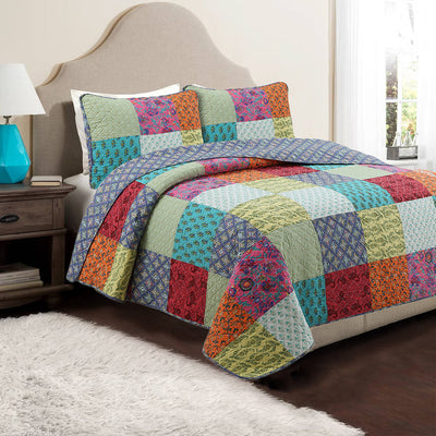 Bold Bright Multi Color Boho Floral Patchwork 3 Piece Cotton Quilt Bedding Set