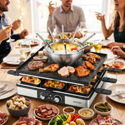 BBQ Grill with Fondue Pot Set and Adjustable Thermostats for 8 People