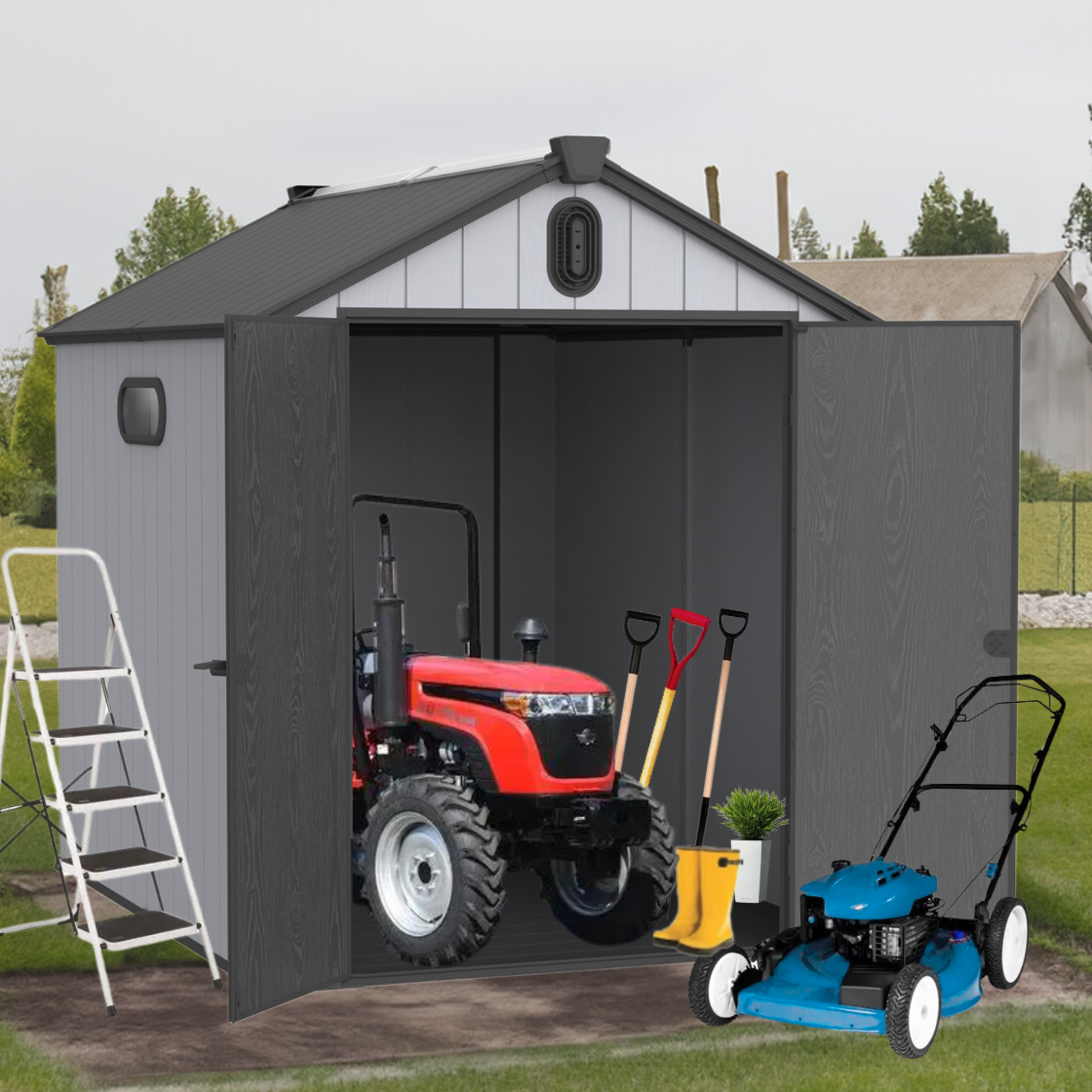 Storage shed with a red tractor, blue lawnmower, and gardening tools outside.