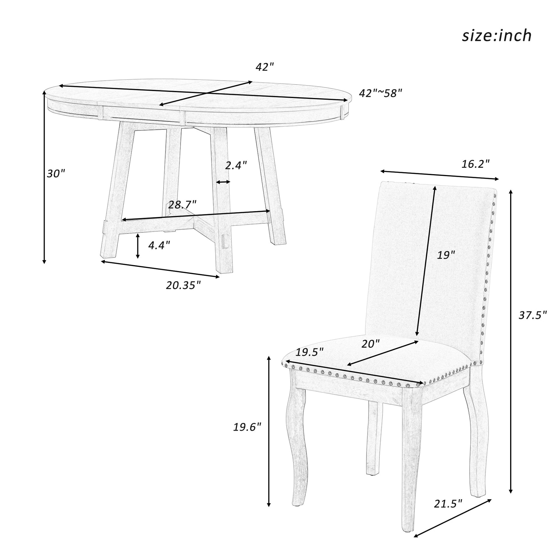 TREXM 5-Piece Farmhouse Dining Table Set Wood Round Extendable Dining Table and 4 Upholstered Dining Chairs (Natural Wood Wash)