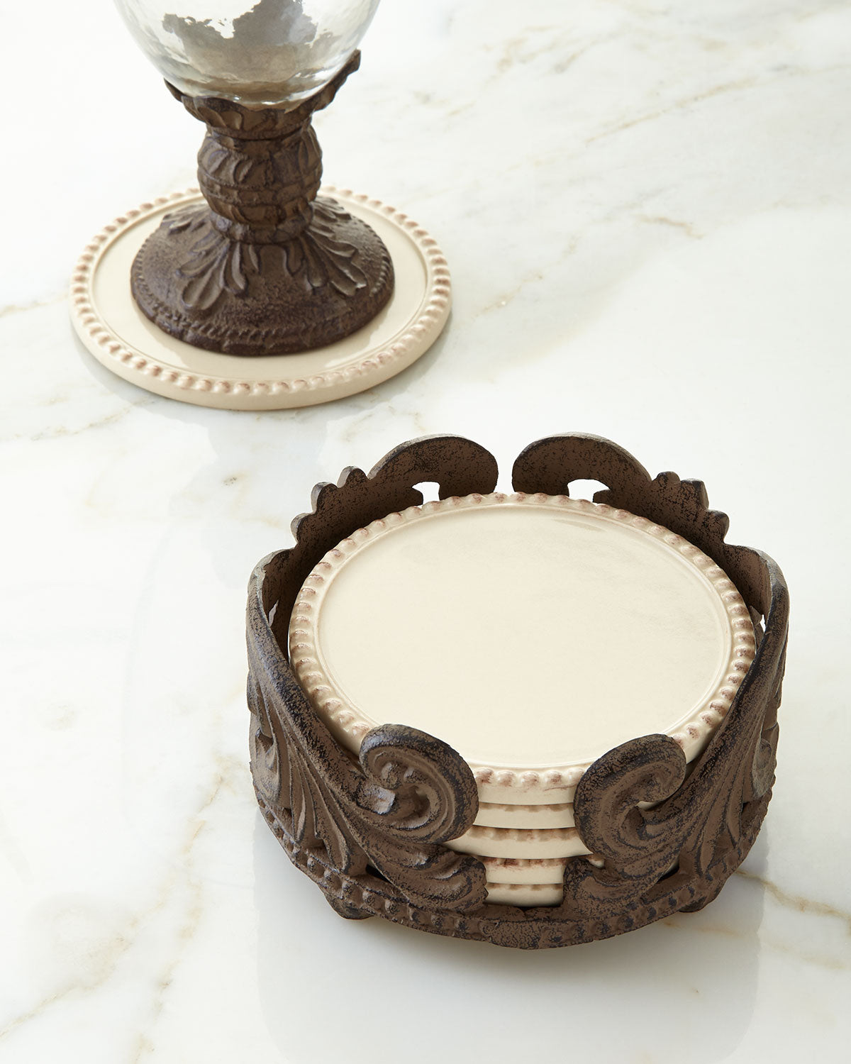 Acanthus Stoneware Coaster Set of 4 with metal Base