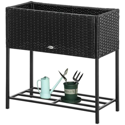 Black Modern PE Rattan Wicker Raised Garden Bed Elevated Planter Box