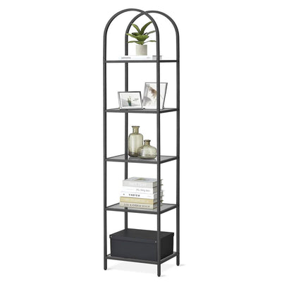 Arched Top Black Metal Display Rack Narrow Bookcase with 5 Glass Storage Shelves