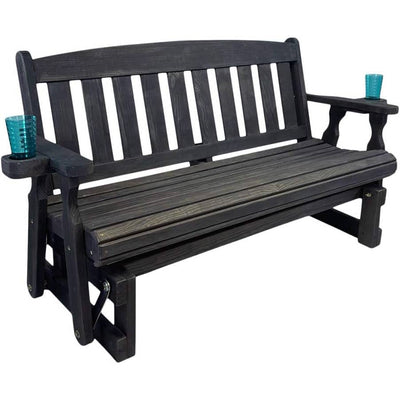 4ft Heavy Duty Black Wooden Porch Glider Bench with Cupholders - Made in USA