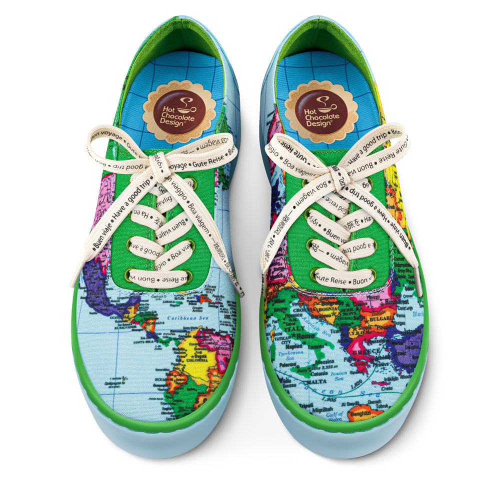 Colorful map-themed sneakers with world map design on a white background