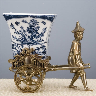 Blue Vine Rickshaw Basin/Planter with Bronze Man