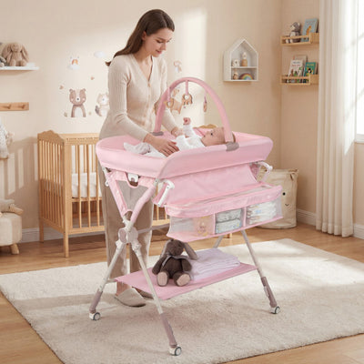 Baby Changing Table Foldable Diaper Changing Station with Storage Bag and Shelf-Pink