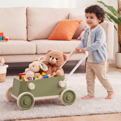 Baby Push Walker with Wheels and Foldable Handlebar and Storage Basket-Green