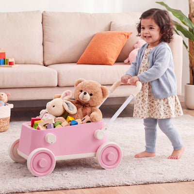 Baby Push Walker with Wheels and Foldable Handlebar and Storage Basket-Pink