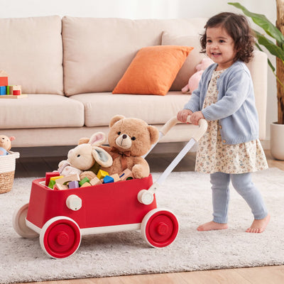 Baby Push Walker with Wheels and Foldable Handlebar and Storage Basket-Red