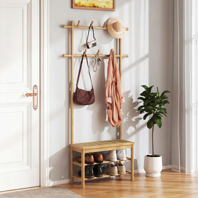Bamboo Coat Rack PE Rattan Hall Tree with Bench and Shoe Storage 3-In-1 Entryway Bench-Natural