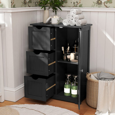 Bathroom Floor Cabinet Side Storage Cabinet with 3 Drawers and 1 Cupboard-Black