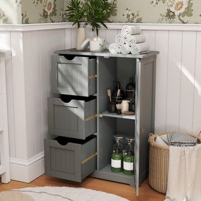 Bathroom Floor Cabinet Side Storage Cabinet with 3 Drawers and 1 Cupboard-Gray
