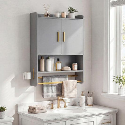 Bathroom Wall Cabinet Wall Mounted Medicine Cabinet with Towel Bars-Grey