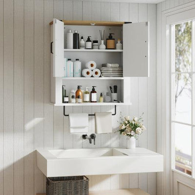 Bathroom Wall Cabinet with Towel Bar Farmhouse Medicine Cabinet-White