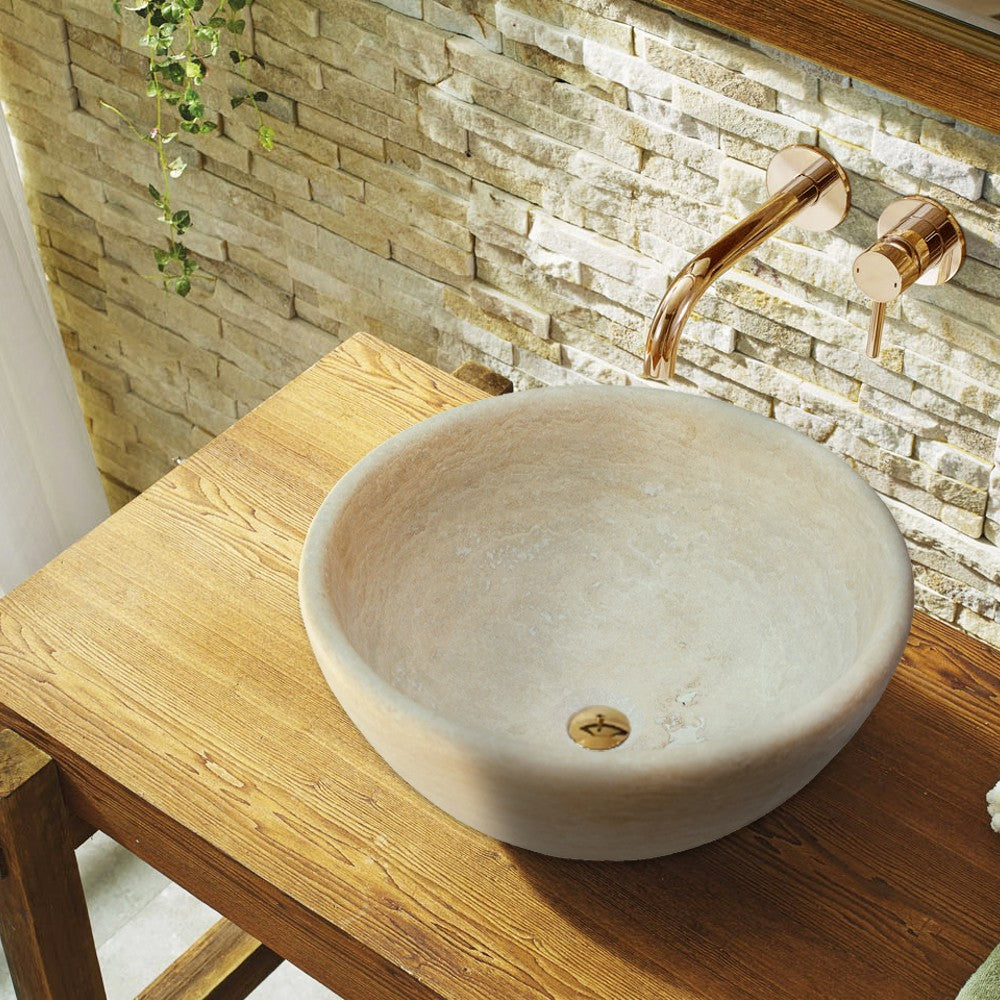 Beige Travertine Natural Stone Vessel Sink Honed and Filled (D)16