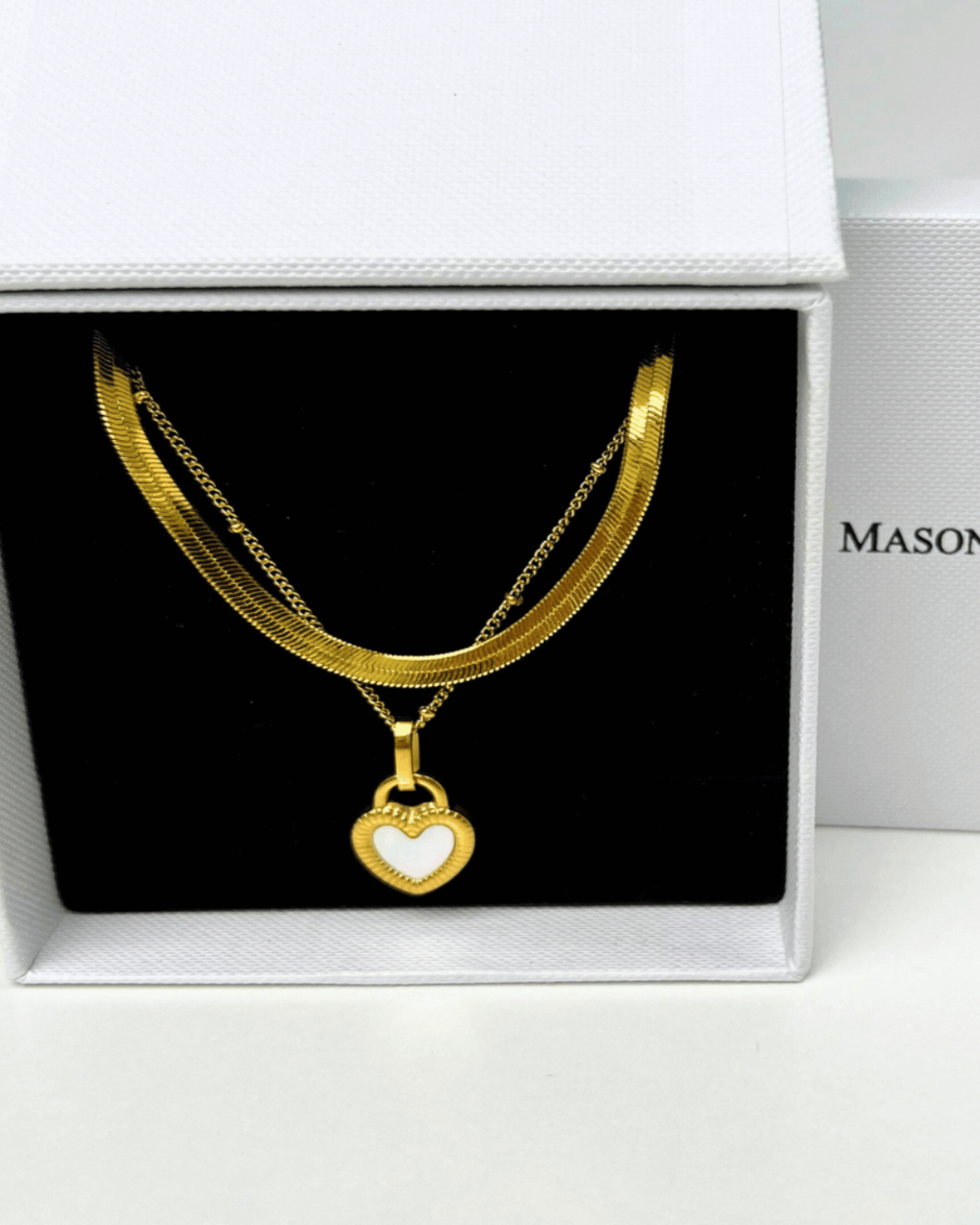 Best Trending Trendy Gold Herringbone Chain + Heart Pearl Pendant Necklace Stack Bundle Jewelry Gift on Sale for Women, Lady, Mother, Wife