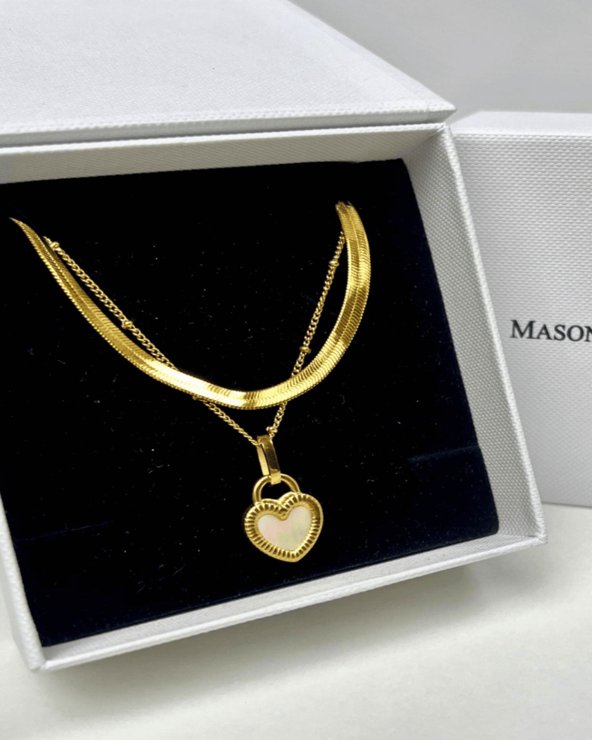 Best Trending Trendy Gold Herringbone Chain + Heart Pearl Pendant Necklace Stack Bundle Jewelry Gift on Sale for Women, Lady, Mother, Wife