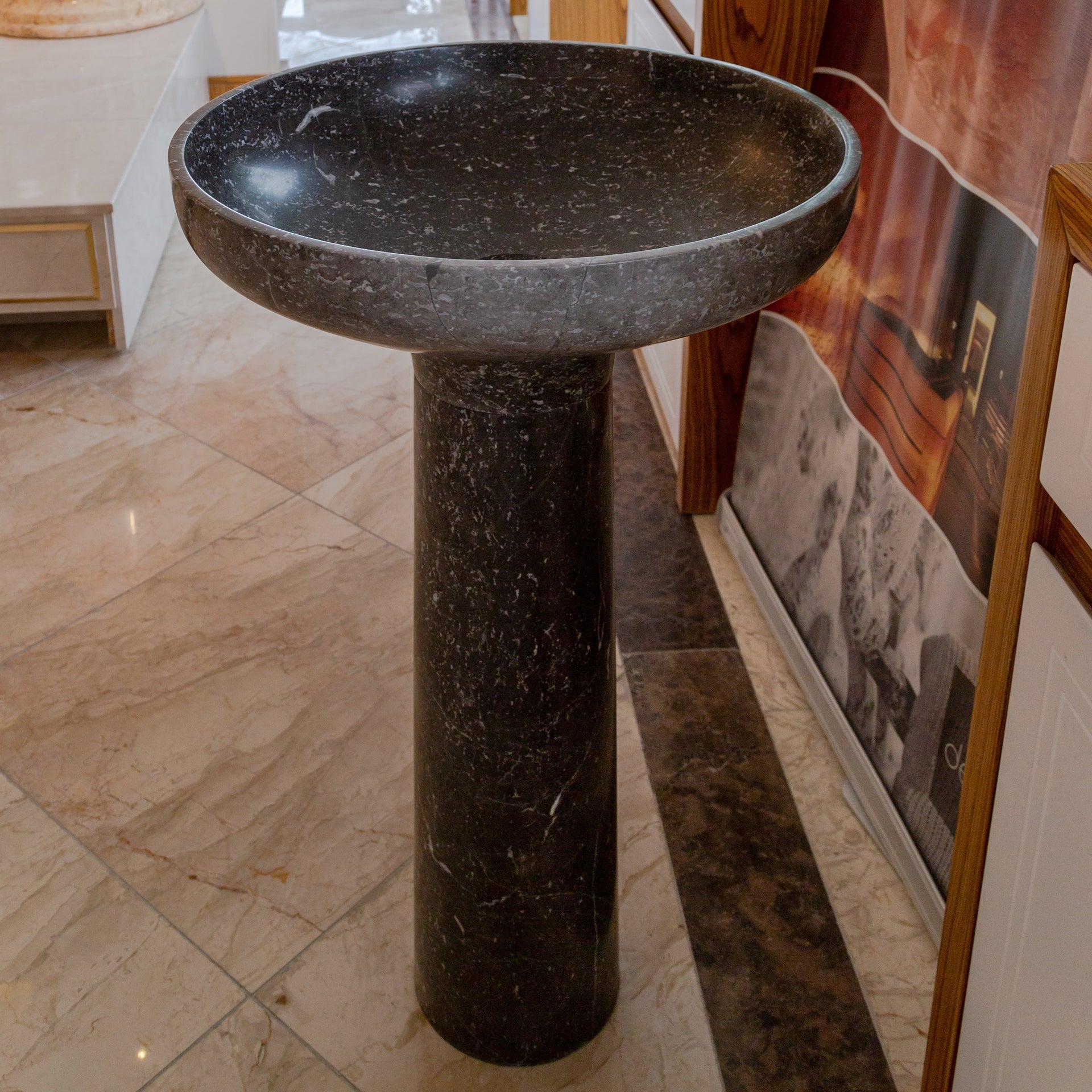 Natural Stone Black Marble Pedestal Round Sink Polished (D)20