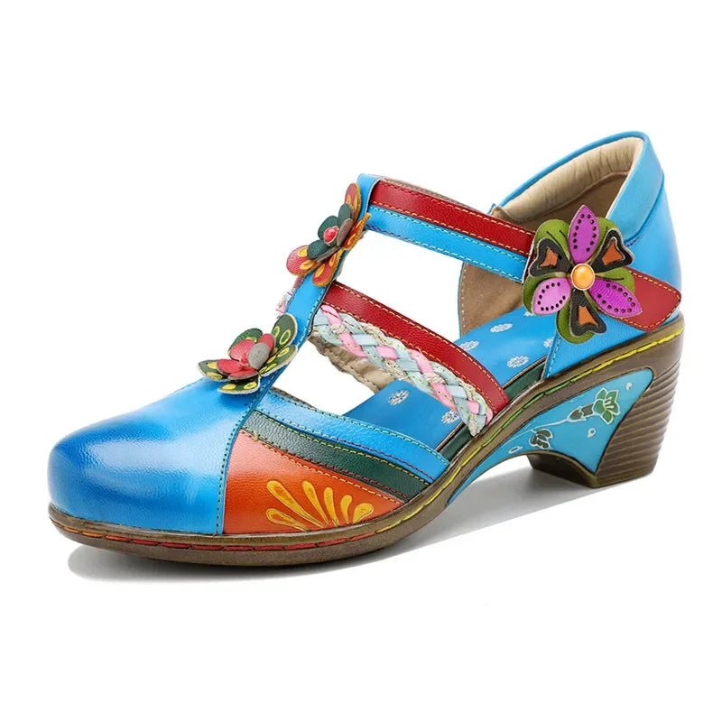 Colorful sandal with floral designs on a white background