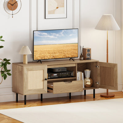 Boho TV Stand for 60 Inch TV Entertainment Center with Cabinets and Storage Shelf-Natural