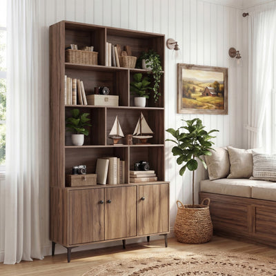 Bookshelf with 3 Doors and 2 Anti-Tipping Kits for Home Office-Walnut