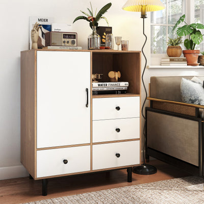 Buffet Sideboard Mid Century Modern Storage Cabinet with 4 Drawers and Open Compartment-Natural