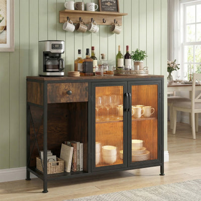 Buffet Sideboard with Doors Power Outlets and LED Light-Rustic Brown
