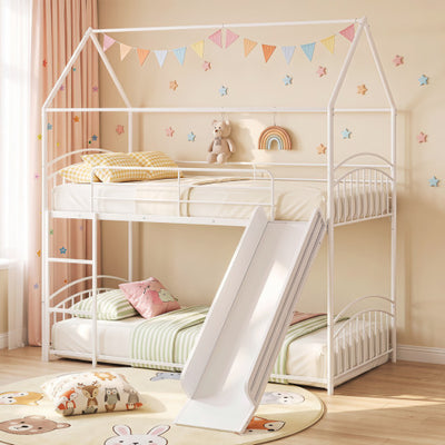 Bunk Bed Twin Over Twin House Bunk Bed Frame with Metal Slats-White